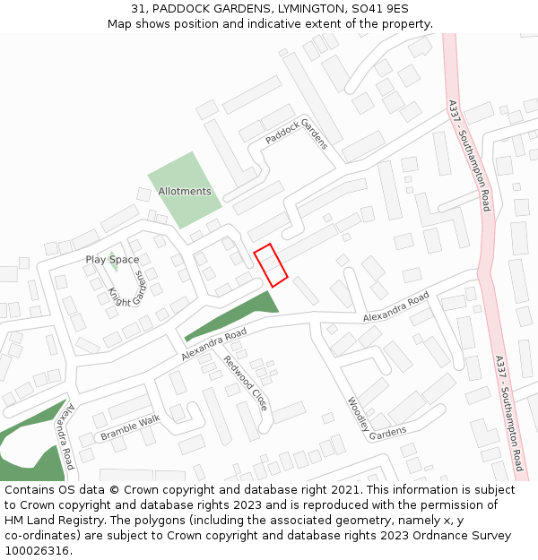 31, PADDOCK GARDENS, LYMINGTON, SO41 9ES: Location map and indicative extent of plot