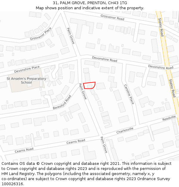 31, PALM GROVE, PRENTON, CH43 1TG: Location map and indicative extent of plot