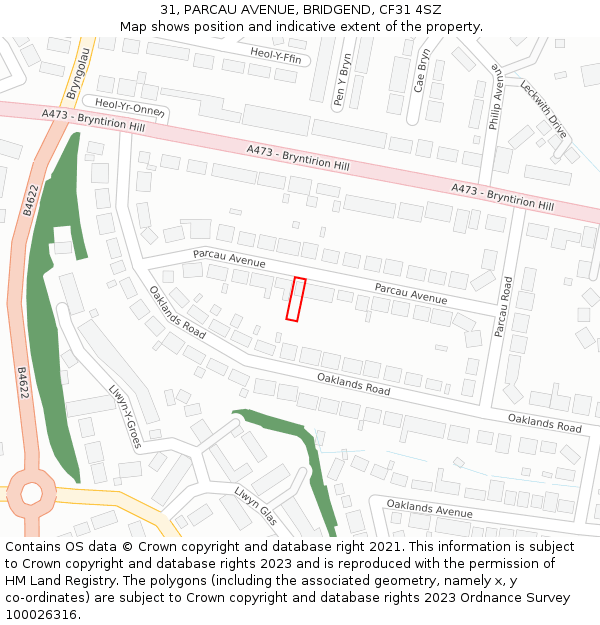 31, PARCAU AVENUE, BRIDGEND, CF31 4SZ: Location map and indicative extent of plot