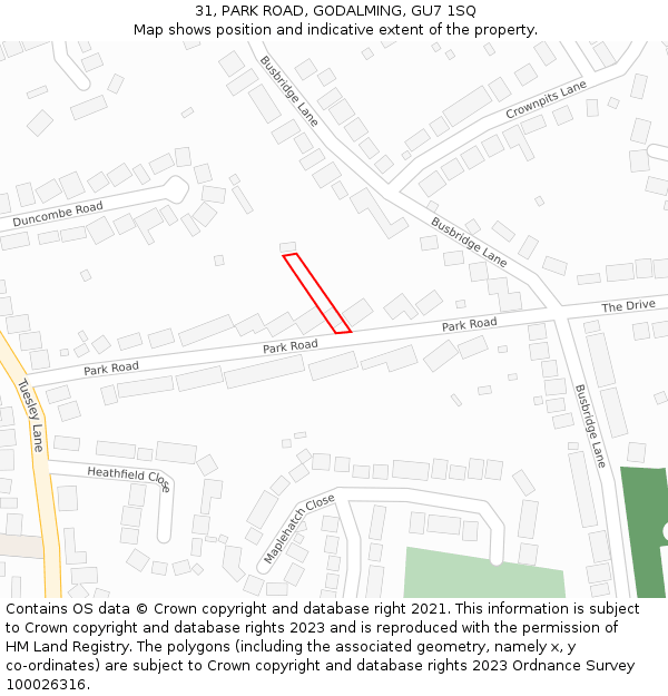 31, PARK ROAD, GODALMING, GU7 1SQ: Location map and indicative extent of plot