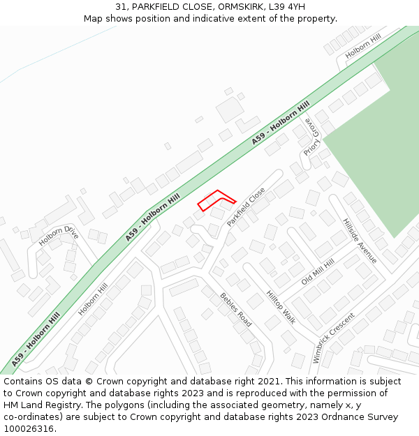 31, PARKFIELD CLOSE, ORMSKIRK, L39 4YH: Location map and indicative extent of plot