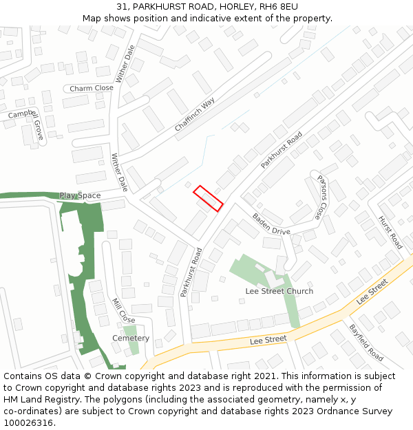 31, PARKHURST ROAD, HORLEY, RH6 8EU: Location map and indicative extent of plot