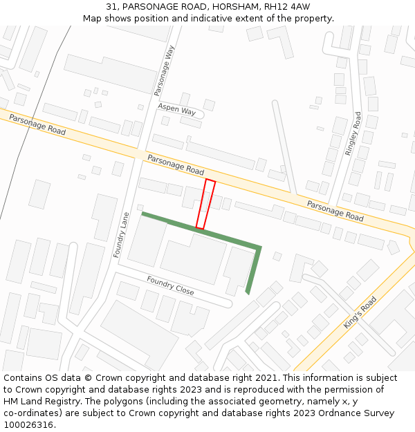 31, PARSONAGE ROAD, HORSHAM, RH12 4AW: Location map and indicative extent of plot