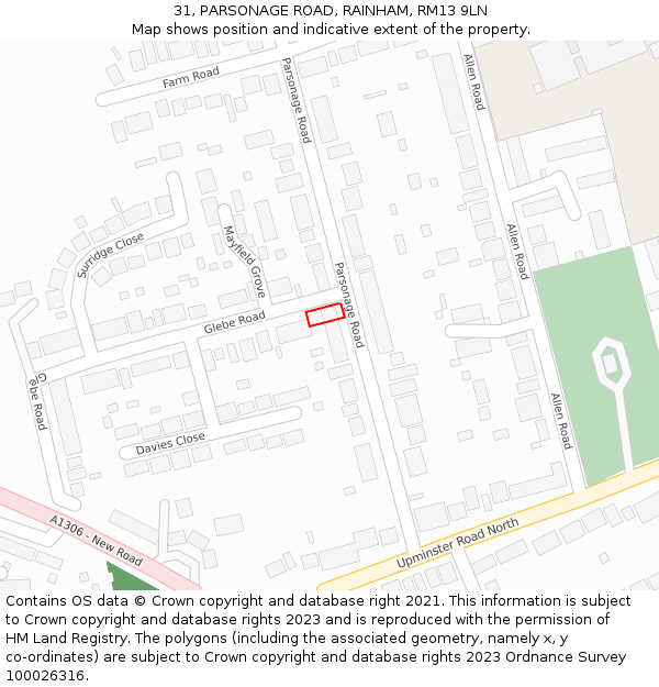 31, PARSONAGE ROAD, RAINHAM, RM13 9LN: Location map and indicative extent of plot
