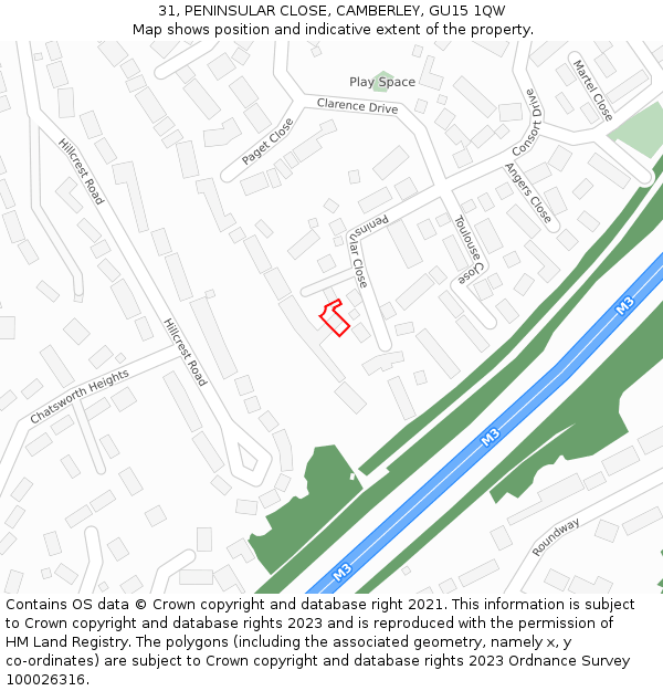 31, PENINSULAR CLOSE, CAMBERLEY, GU15 1QW: Location map and indicative extent of plot