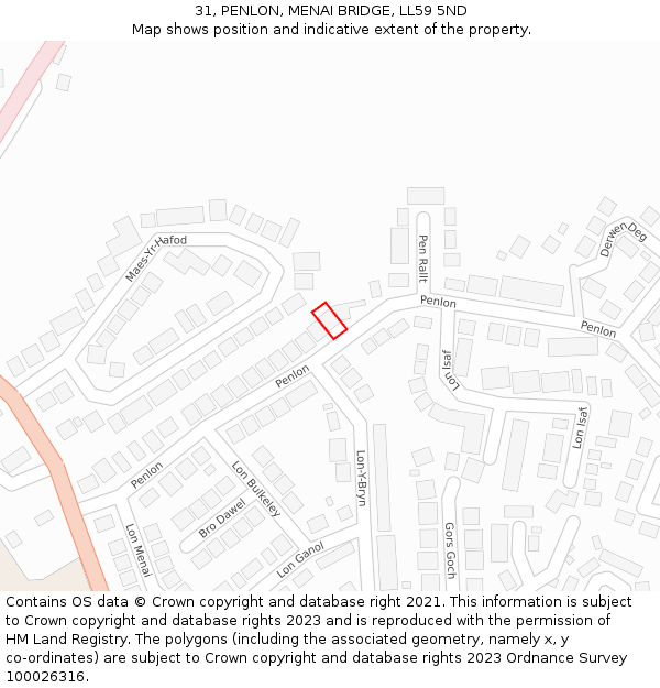 31, PENLON, MENAI BRIDGE, LL59 5ND: Location map and indicative extent of plot
