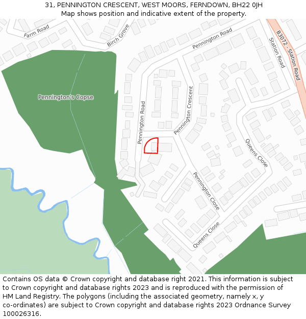 31, PENNINGTON CRESCENT, WEST MOORS, FERNDOWN, BH22 0JH: Location map and indicative extent of plot