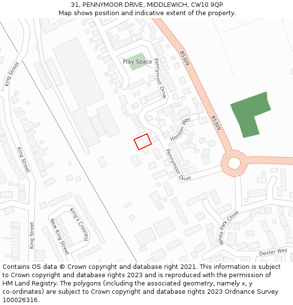 31, PENNYMOOR DRIVE, MIDDLEWICH, CW10 9QP: Location map and indicative extent of plot