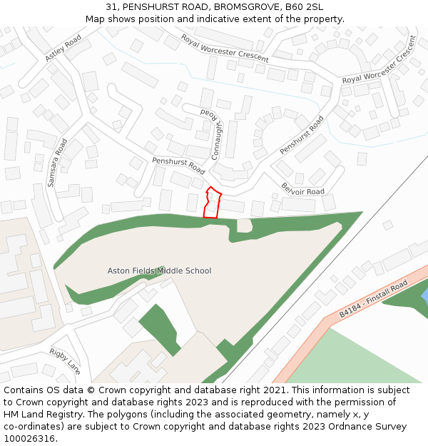 31, PENSHURST ROAD, BROMSGROVE, B60 2SL: Location map and indicative extent of plot