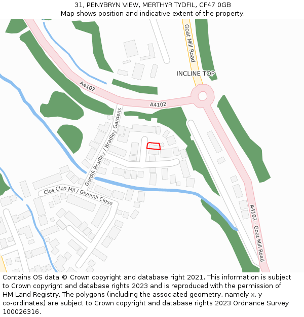 31, PENYBRYN VIEW, MERTHYR TYDFIL, CF47 0GB: Location map and indicative extent of plot