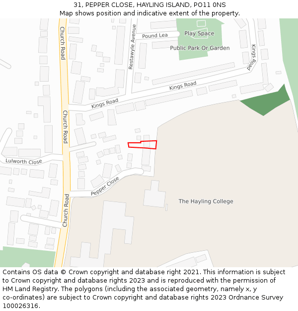 31, PEPPER CLOSE, HAYLING ISLAND, PO11 0NS: Location map and indicative extent of plot