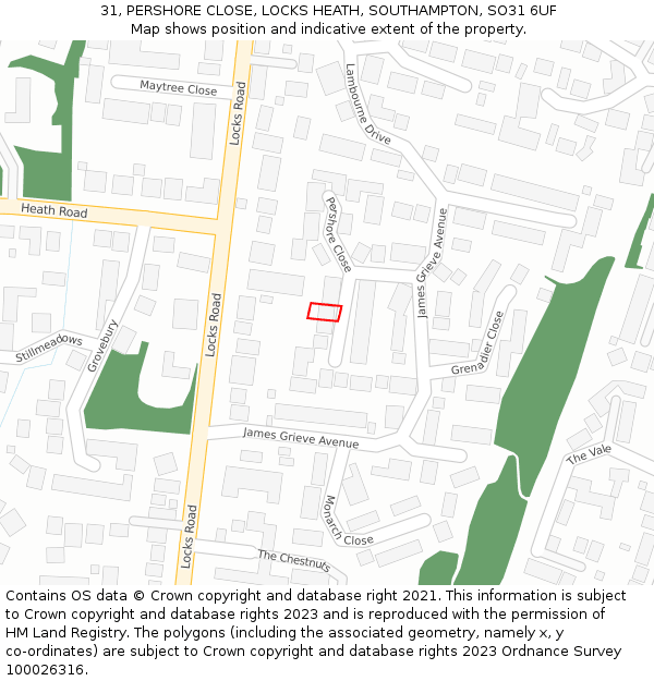 31, PERSHORE CLOSE, LOCKS HEATH, SOUTHAMPTON, SO31 6UF: Location map and indicative extent of plot