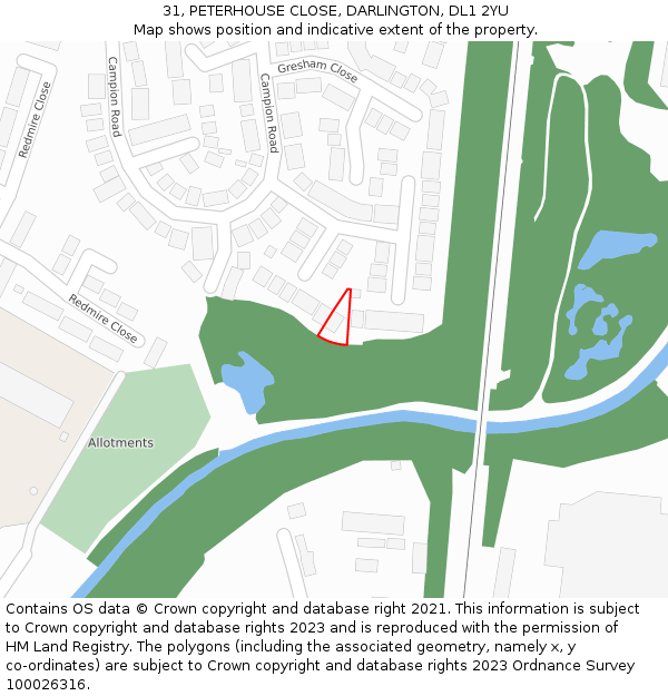 31, PETERHOUSE CLOSE, DARLINGTON, DL1 2YU: Location map and indicative extent of plot