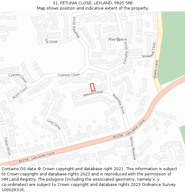 31, PETUNIA CLOSE, LEYLAND, PR25 5RE: Location map and indicative extent of plot