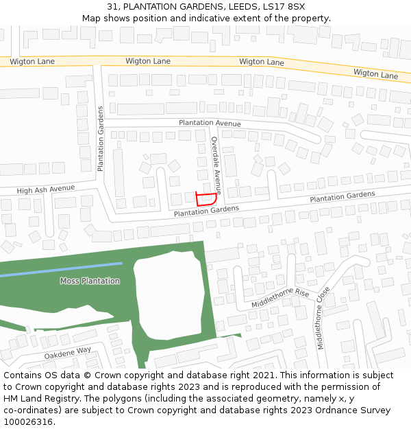 31, PLANTATION GARDENS, LEEDS, LS17 8SX: Location map and indicative extent of plot