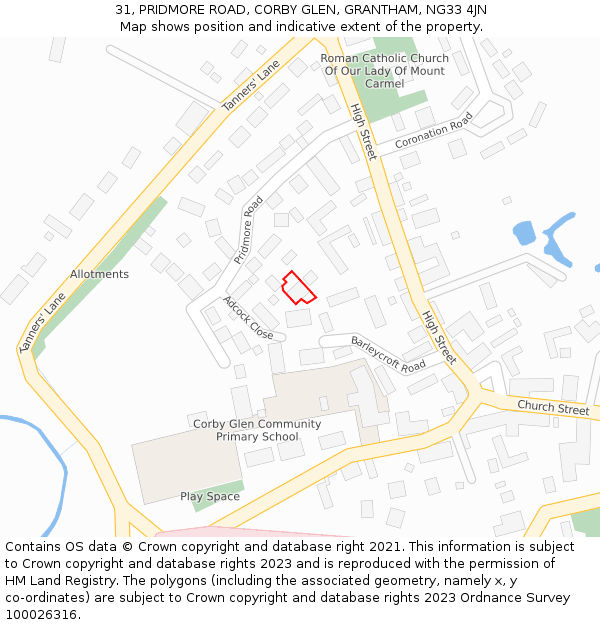 31, PRIDMORE ROAD, CORBY GLEN, GRANTHAM, NG33 4JN: Location map and indicative extent of plot