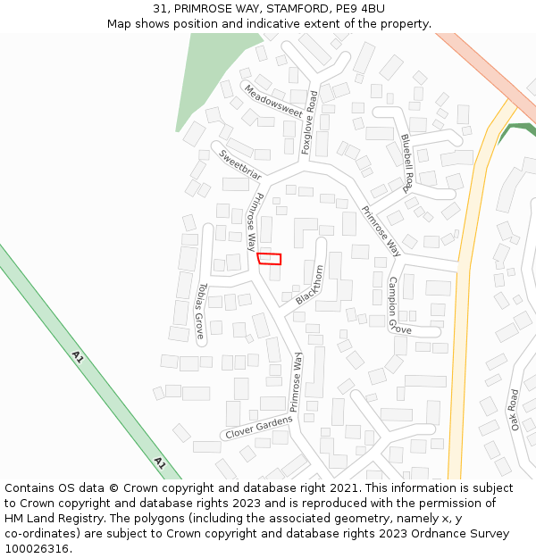 31, PRIMROSE WAY, STAMFORD, PE9 4BU: Location map and indicative extent of plot