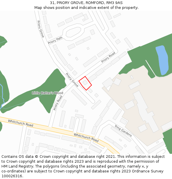 31, PRIORY GROVE, ROMFORD, RM3 9AS: Location map and indicative extent of plot