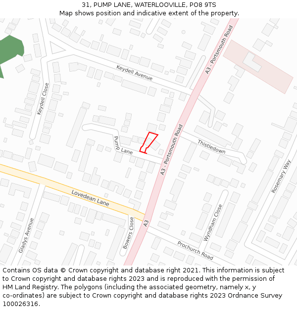 31, PUMP LANE, WATERLOOVILLE, PO8 9TS: Location map and indicative extent of plot