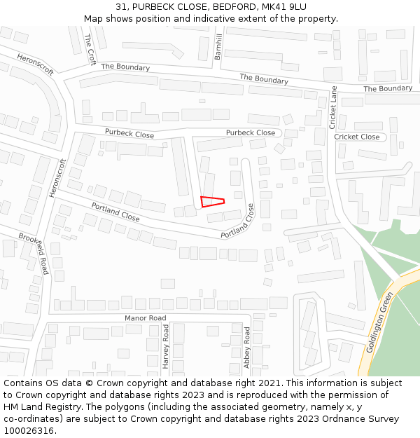 31, PURBECK CLOSE, BEDFORD, MK41 9LU: Location map and indicative extent of plot