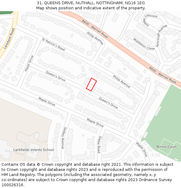 31, QUEENS DRIVE, NUTHALL, NOTTINGHAM, NG16 1EG: Location map and indicative extent of plot