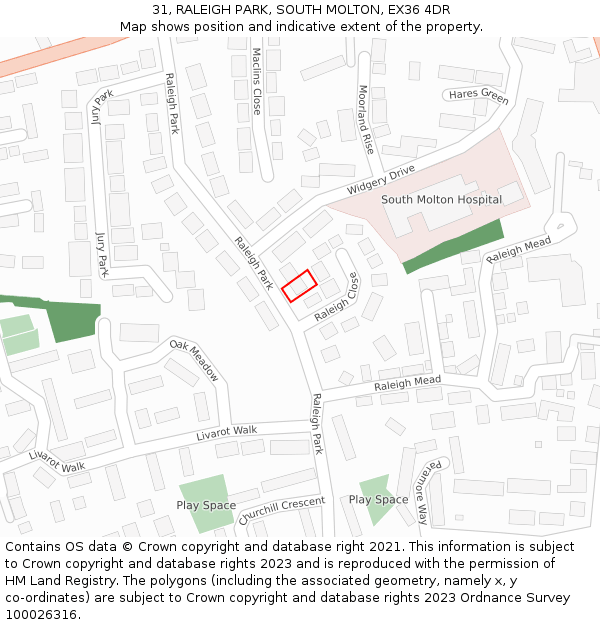 31, RALEIGH PARK, SOUTH MOLTON, EX36 4DR: Location map and indicative extent of plot