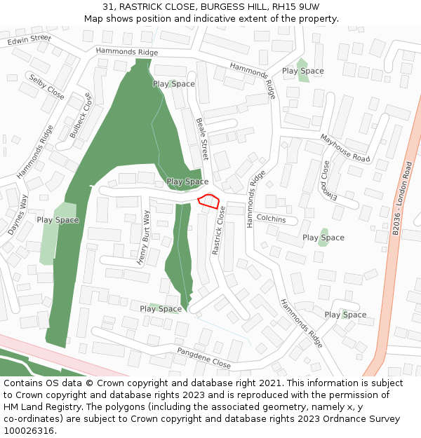 31, RASTRICK CLOSE, BURGESS HILL, RH15 9UW: Location map and indicative extent of plot