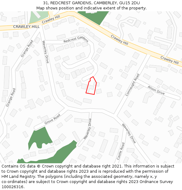 31, REDCREST GARDENS, CAMBERLEY, GU15 2DU: Location map and indicative extent of plot