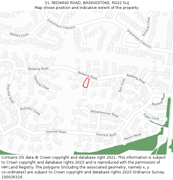 31, REDWING ROAD, BASINGSTOKE, RG22 5UJ: Location map and indicative extent of plot