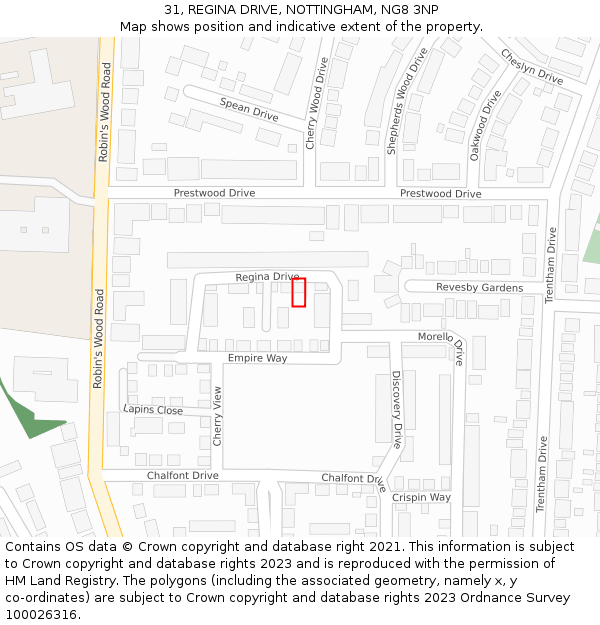 31, REGINA DRIVE, NOTTINGHAM, NG8 3NP: Location map and indicative extent of plot