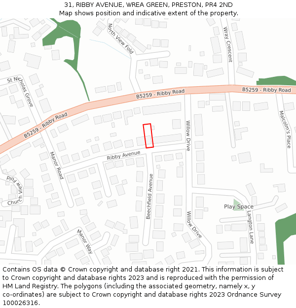 31, RIBBY AVENUE, WREA GREEN, PRESTON, PR4 2ND: Location map and indicative extent of plot