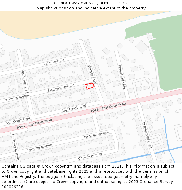 31, RIDGEWAY AVENUE, RHYL, LL18 3UG: Location map and indicative extent of plot