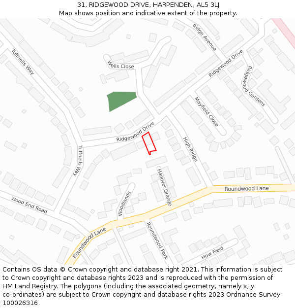 31, RIDGEWOOD DRIVE, HARPENDEN, AL5 3LJ: Location map and indicative extent of plot