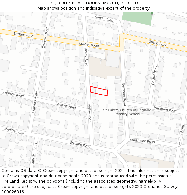 31, RIDLEY ROAD, BOURNEMOUTH, BH9 1LD: Location map and indicative extent of plot