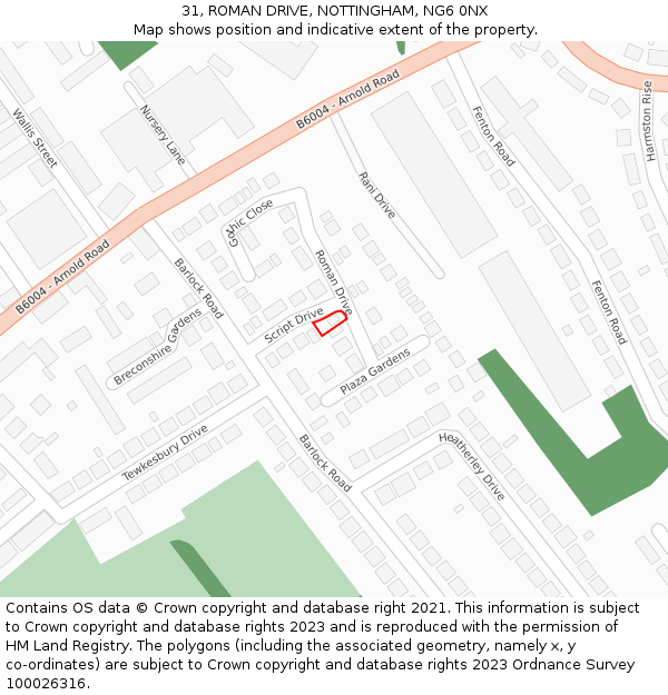 31, ROMAN DRIVE, NOTTINGHAM, NG6 0NX: Location map and indicative extent of plot