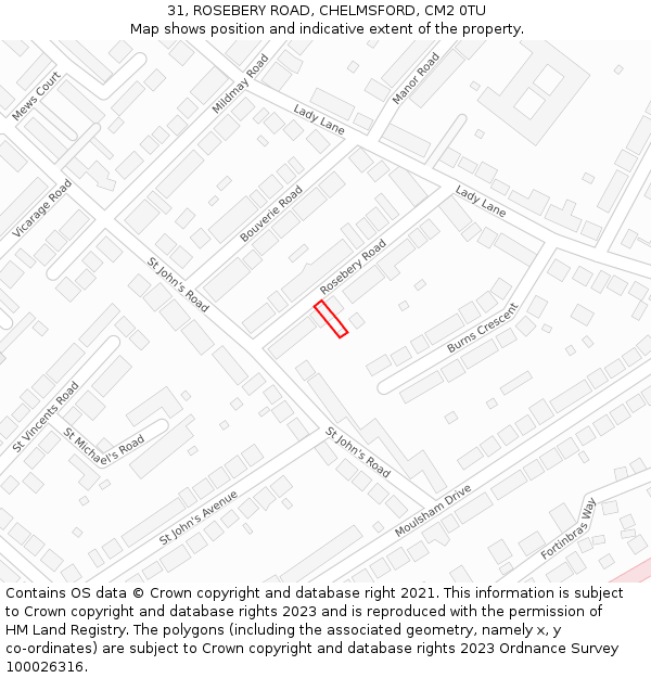 31, ROSEBERY ROAD, CHELMSFORD, CM2 0TU: Location map and indicative extent of plot