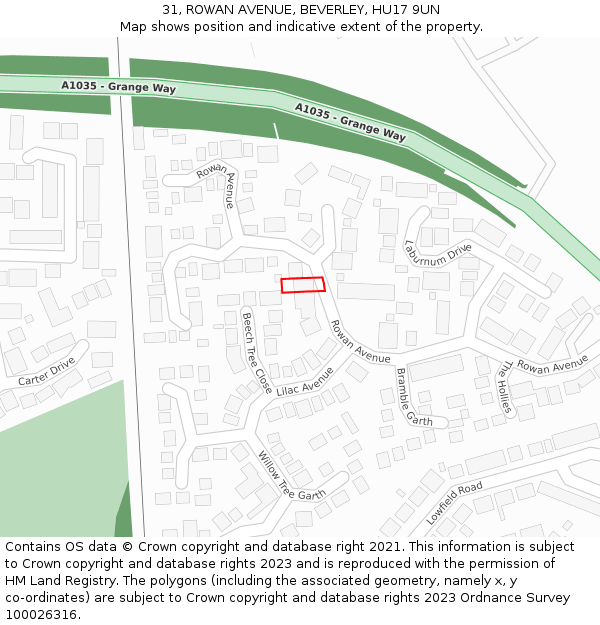 31, ROWAN AVENUE, BEVERLEY, HU17 9UN: Location map and indicative extent of plot