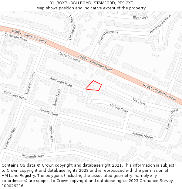 31, ROXBURGH ROAD, STAMFORD, PE9 2XE: Location map and indicative extent of plot