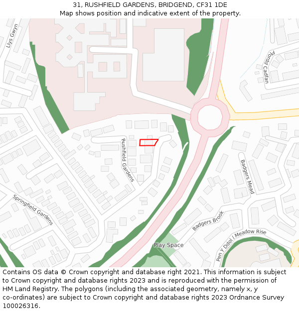 31, RUSHFIELD GARDENS, BRIDGEND, CF31 1DE: Location map and indicative extent of plot