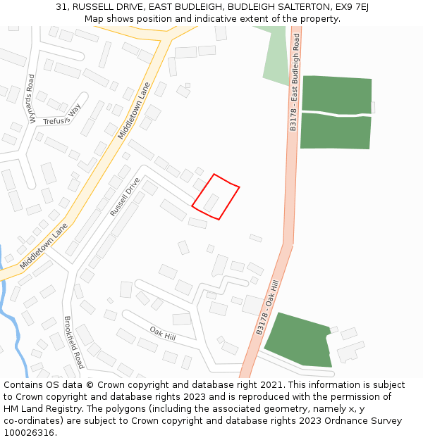 31, RUSSELL DRIVE, EAST BUDLEIGH, BUDLEIGH SALTERTON, EX9 7EJ: Location map and indicative extent of plot