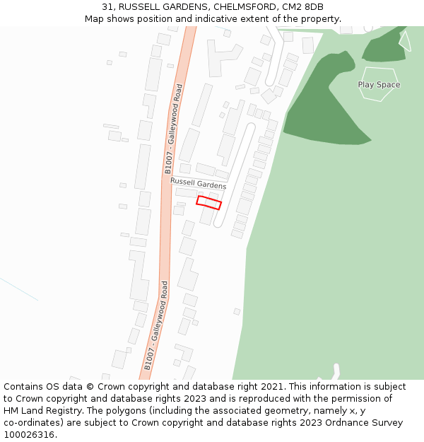 31, RUSSELL GARDENS, CHELMSFORD, CM2 8DB: Location map and indicative extent of plot