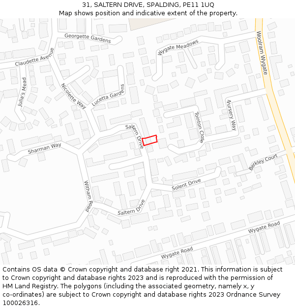 31, SALTERN DRIVE, SPALDING, PE11 1UQ: Location map and indicative extent of plot