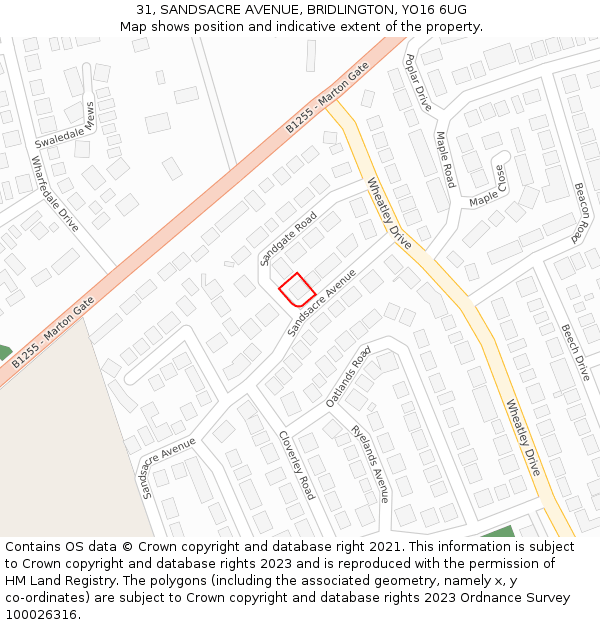 31, SANDSACRE AVENUE, BRIDLINGTON, YO16 6UG: Location map and indicative extent of plot