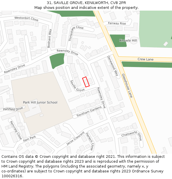 31, SAVILLE GROVE, KENILWORTH, CV8 2PR: Location map and indicative extent of plot