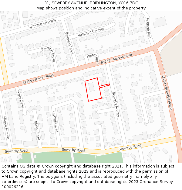 31, SEWERBY AVENUE, BRIDLINGTON, YO16 7DG: Location map and indicative extent of plot