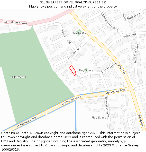 31, SHEARERS DRIVE, SPALDING, PE11 3ZJ: Location map and indicative extent of plot