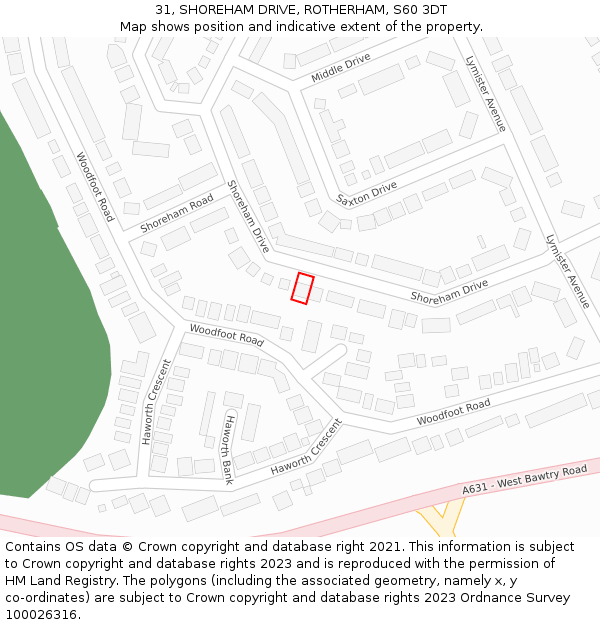31, SHOREHAM DRIVE, ROTHERHAM, S60 3DT: Location map and indicative extent of plot