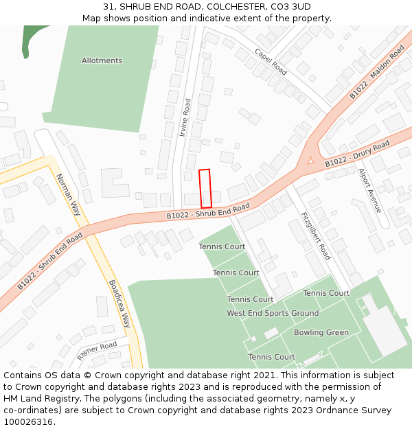 31, SHRUB END ROAD, COLCHESTER, CO3 3UD: Location map and indicative extent of plot