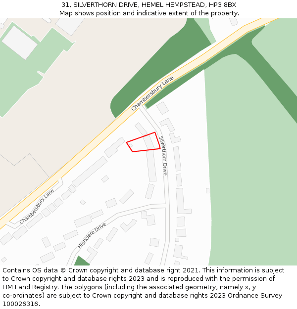 31, SILVERTHORN DRIVE, HEMEL HEMPSTEAD, HP3 8BX: Location map and indicative extent of plot