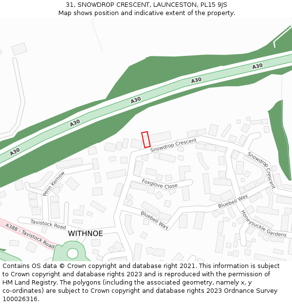 31, SNOWDROP CRESCENT, LAUNCESTON, PL15 9JS: Location map and indicative extent of plot